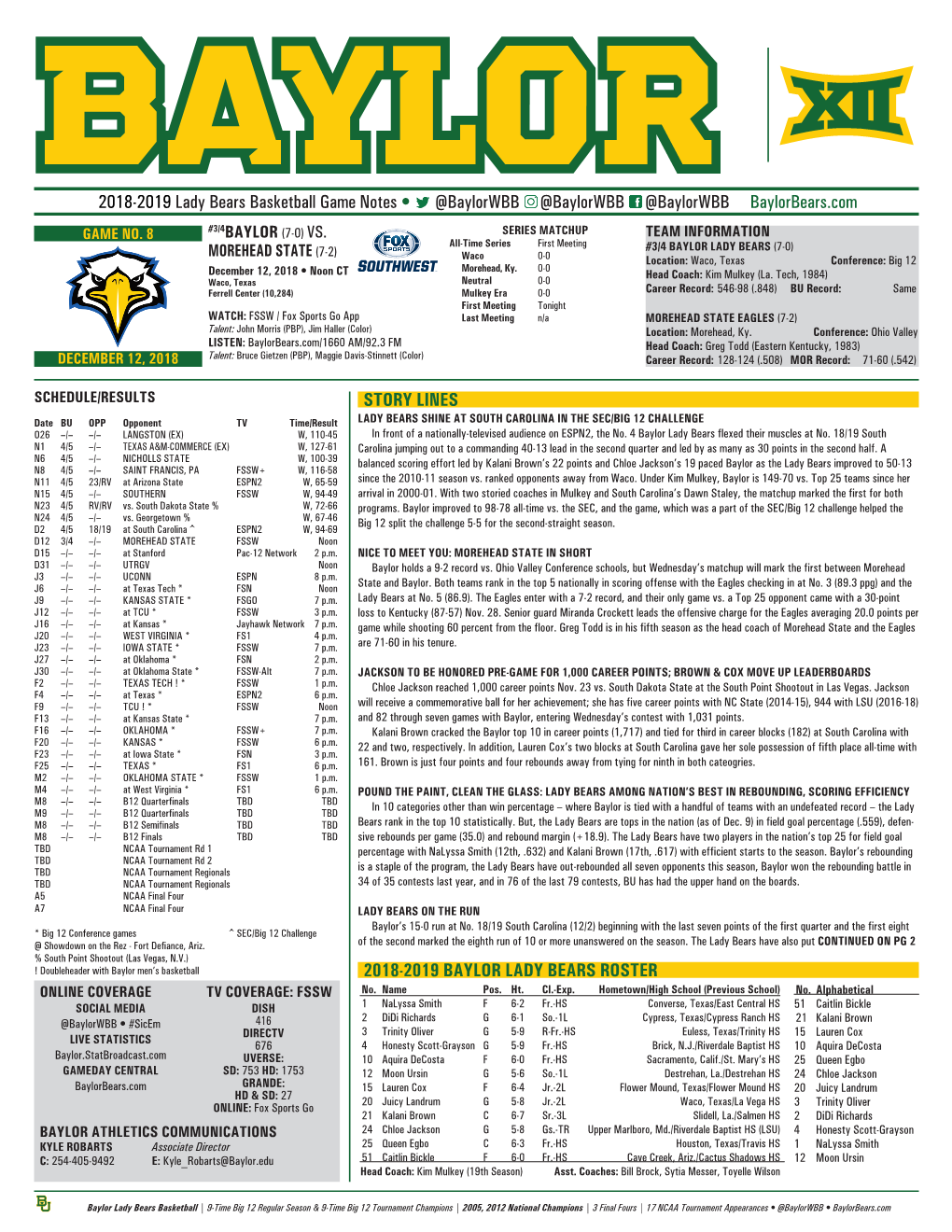 2018-2019 Lady Bears Basketball Game Notes • @Baylorwbb @Baylorwbb @Baylorwbb Baylorbears.Com GAME NO