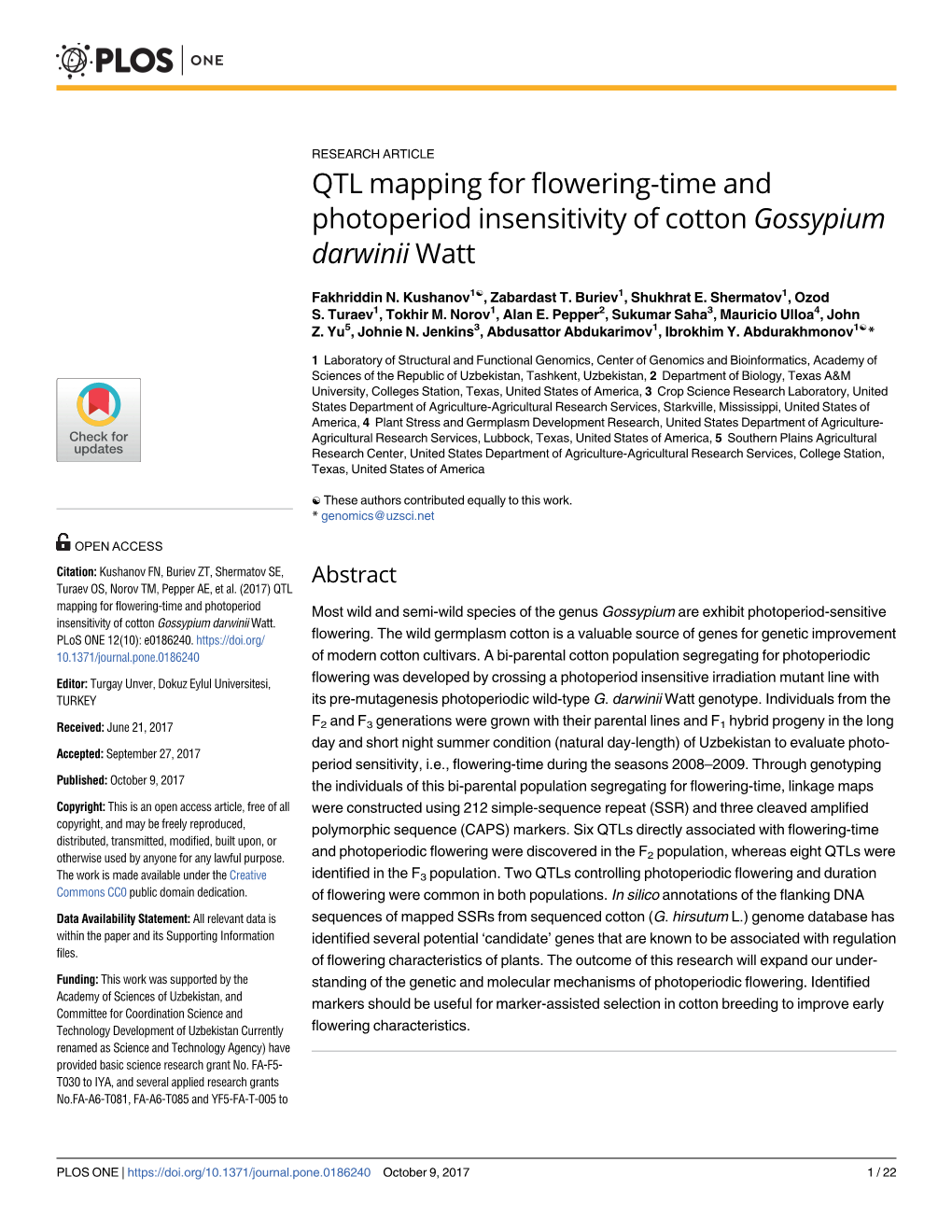 QTL Mapping for Flowering-Time and Photoperiod Insensitivity of Cotton Gossypium Darwinii Watt