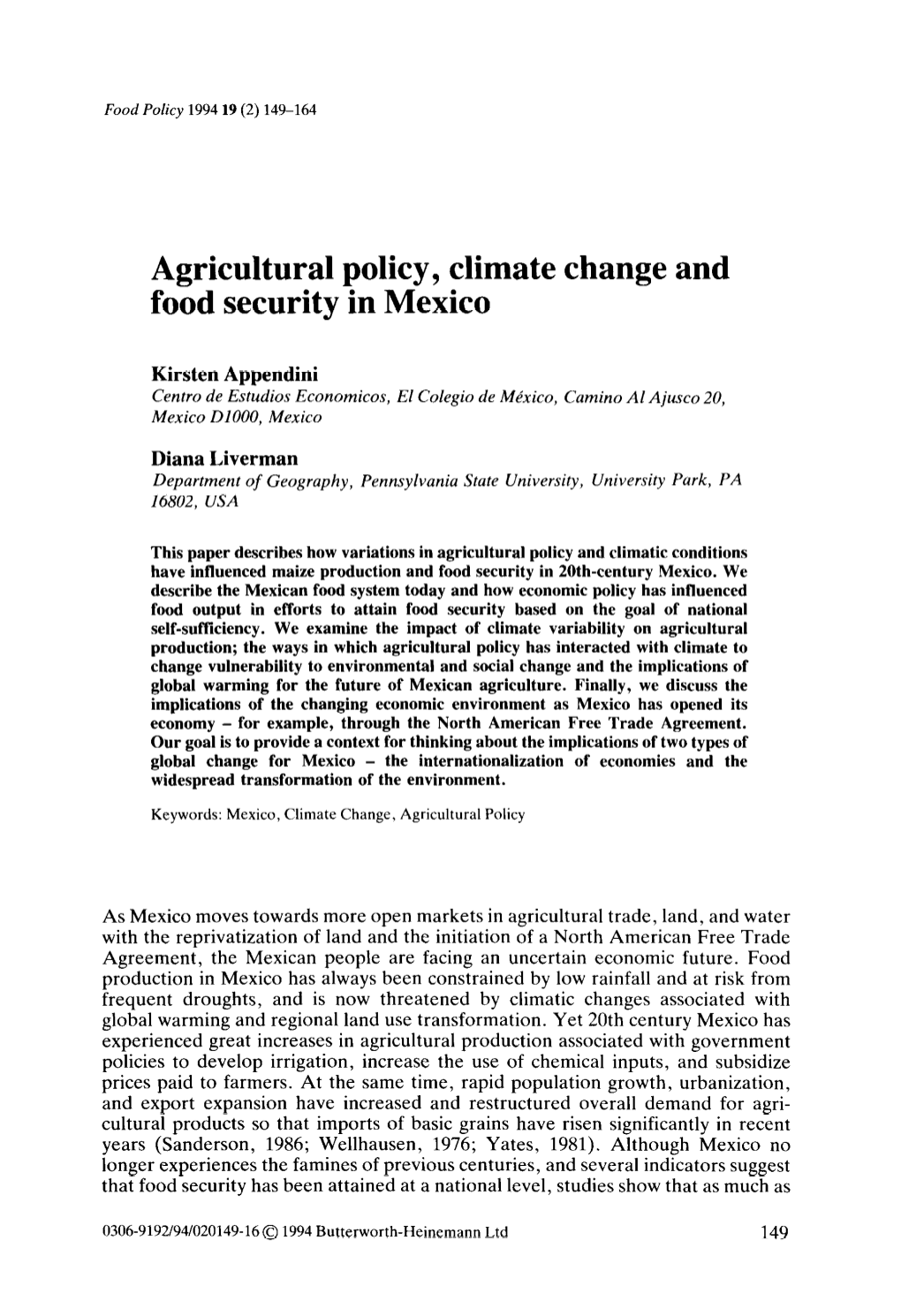 Agricultural Policy, Climate Change and Food Security in Mexico