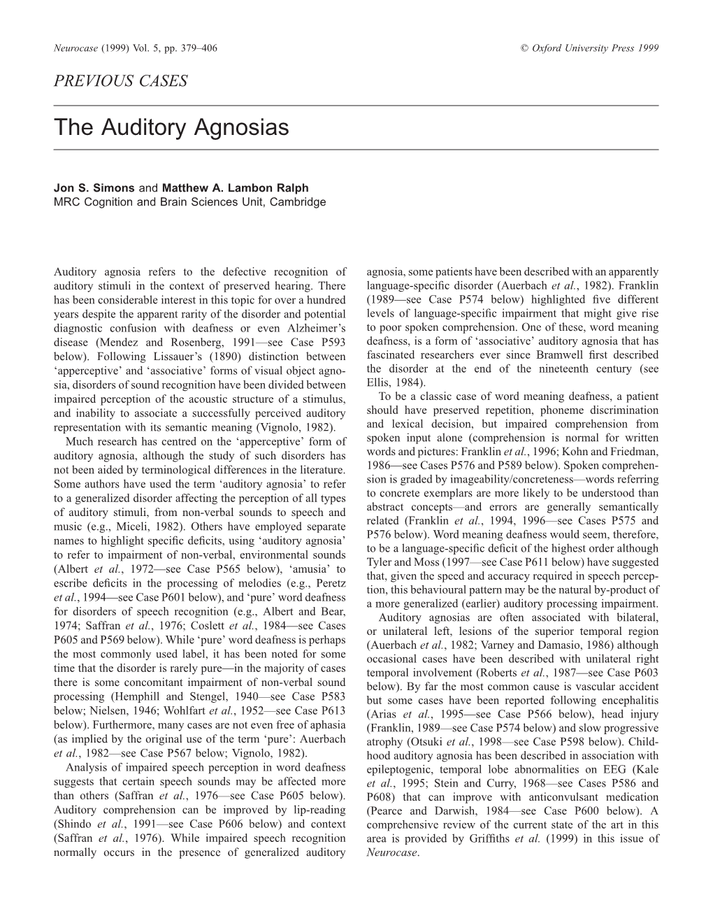 The Auditory Agnosias