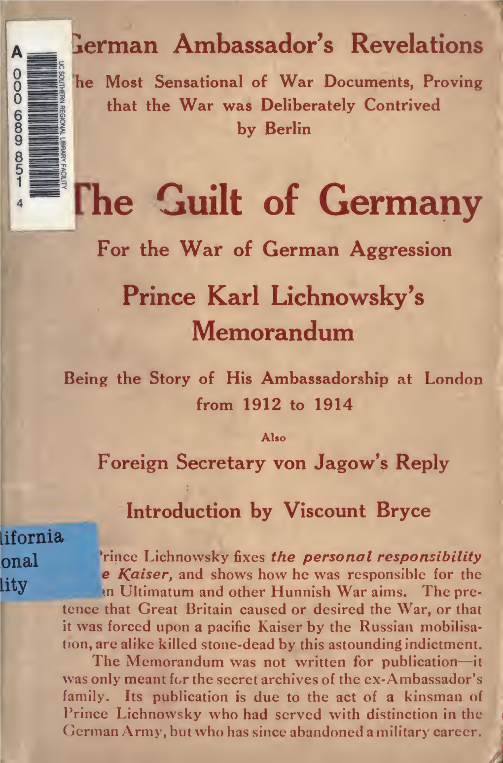 The Guilt of Germany for the War of German Aggression (1918)