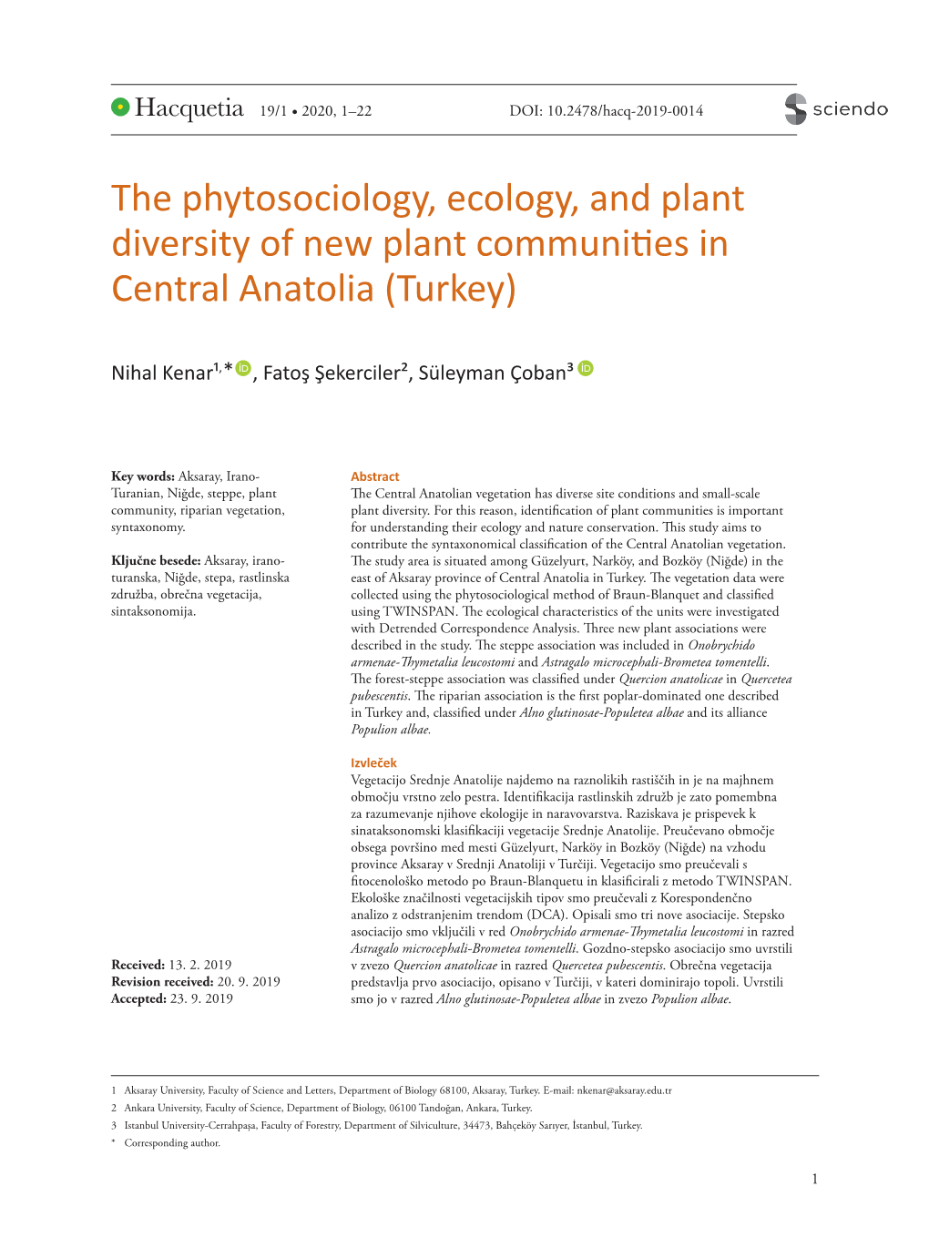 The Phytosociology, Ecology, and Plant Diversity of New Plant Communities in Central Anatolia (Turkey)