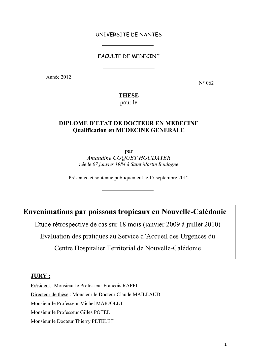 Envenimations Par Poissons Tropicaux En Nouvelle-Calédonie