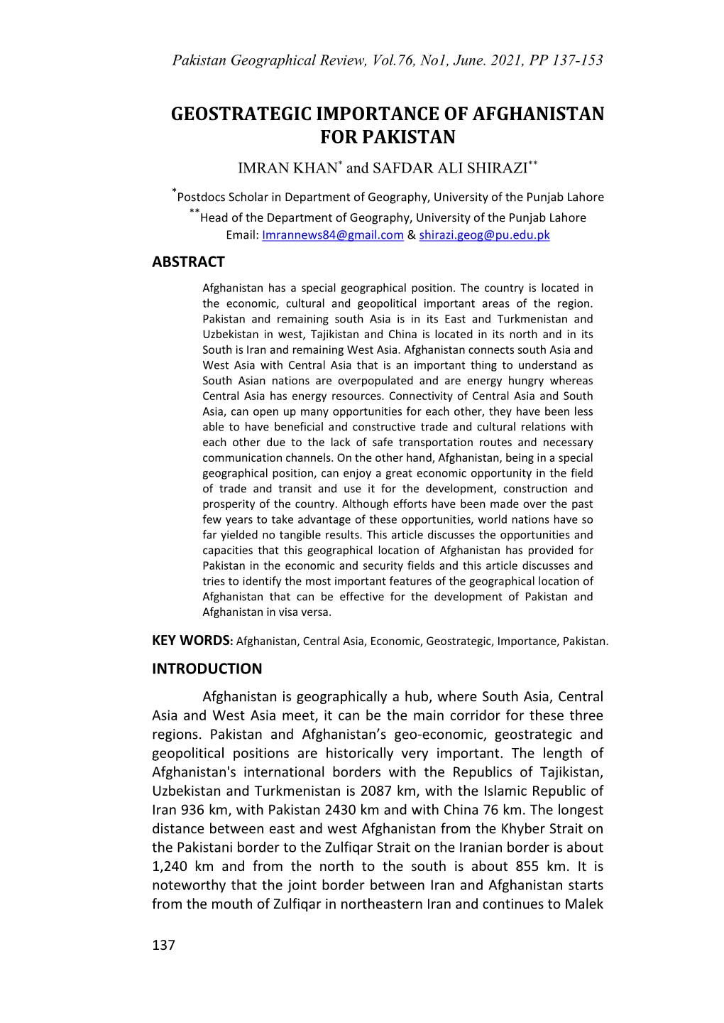 GEOSTRATEGIC IMPORTANCE of AFGHANISTAN for PAKISTAN IMRAN KHAN* and SAFDAR ALI SHIRAZI**