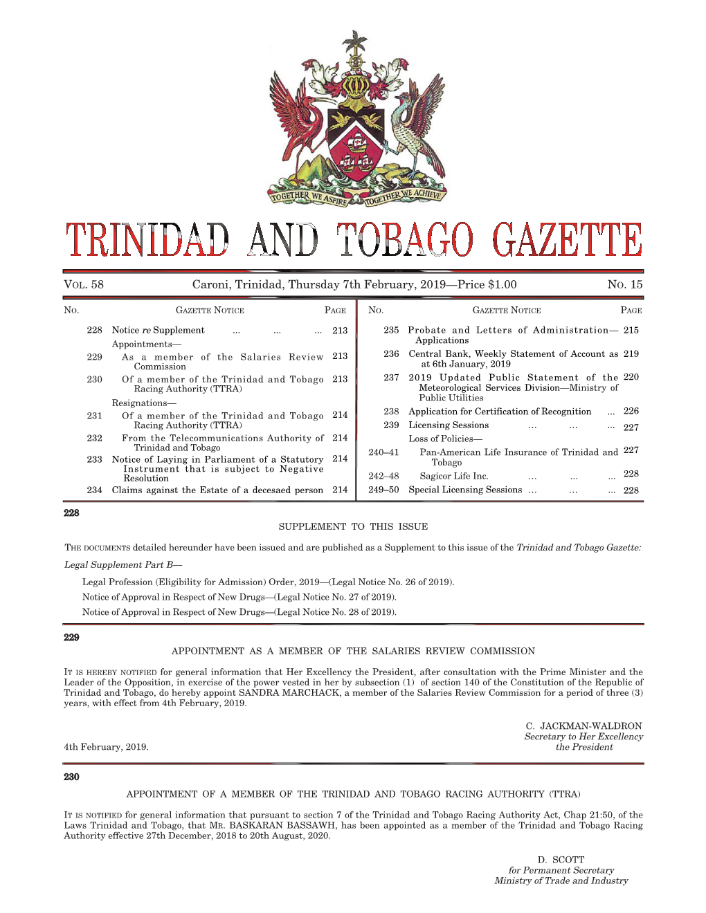 Gazette No. 15, Vol. 58, Thursday 7Th February