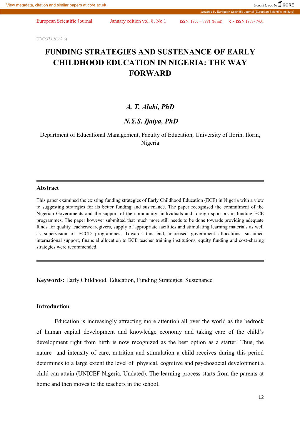 Funding Strategies and Sustenance of Early Childhood Education in Nigeria: the Way Forward