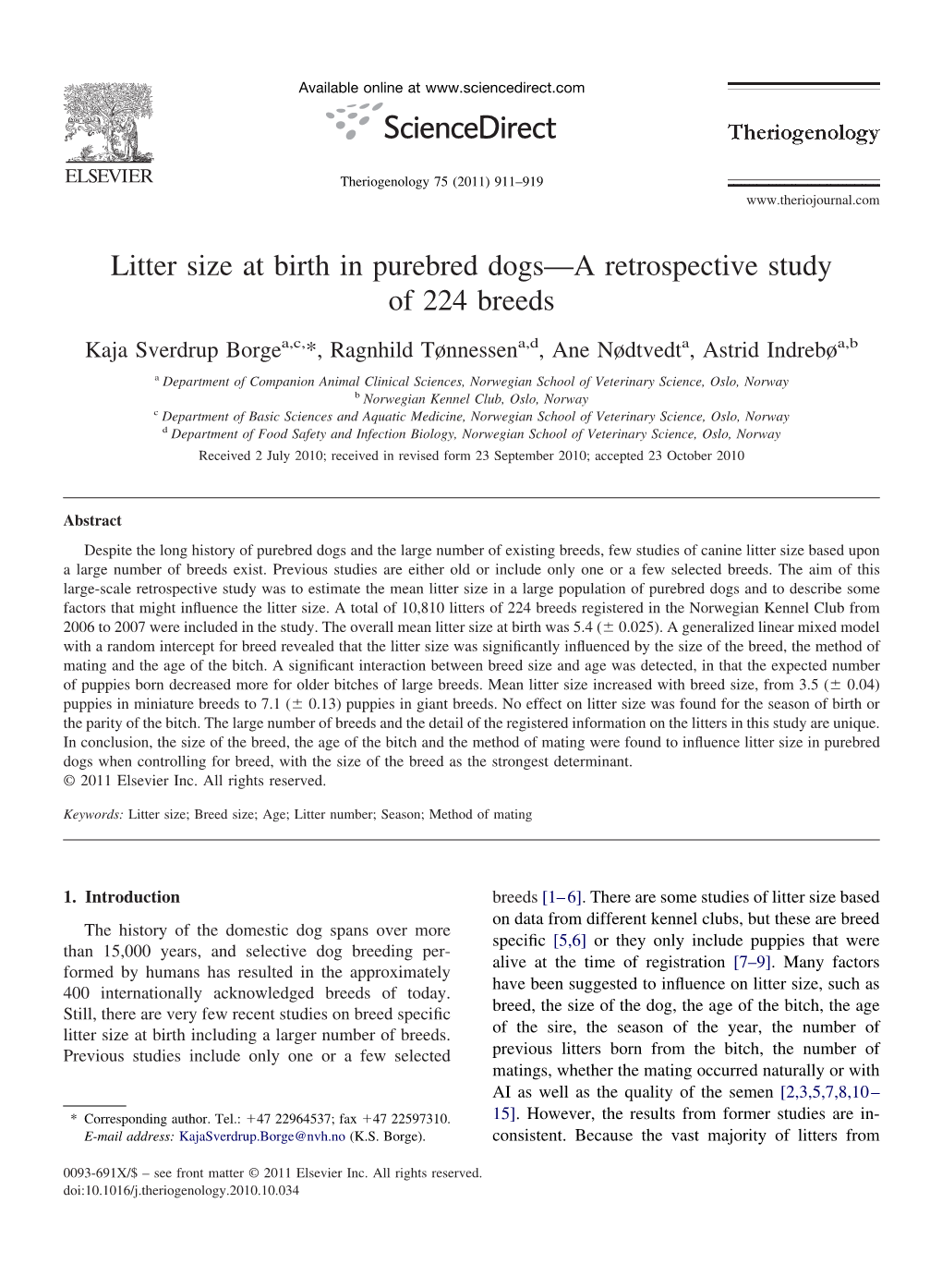 Litter Size at Birth in Purebred Dogs—A Retrospective Study of 224 Breeds