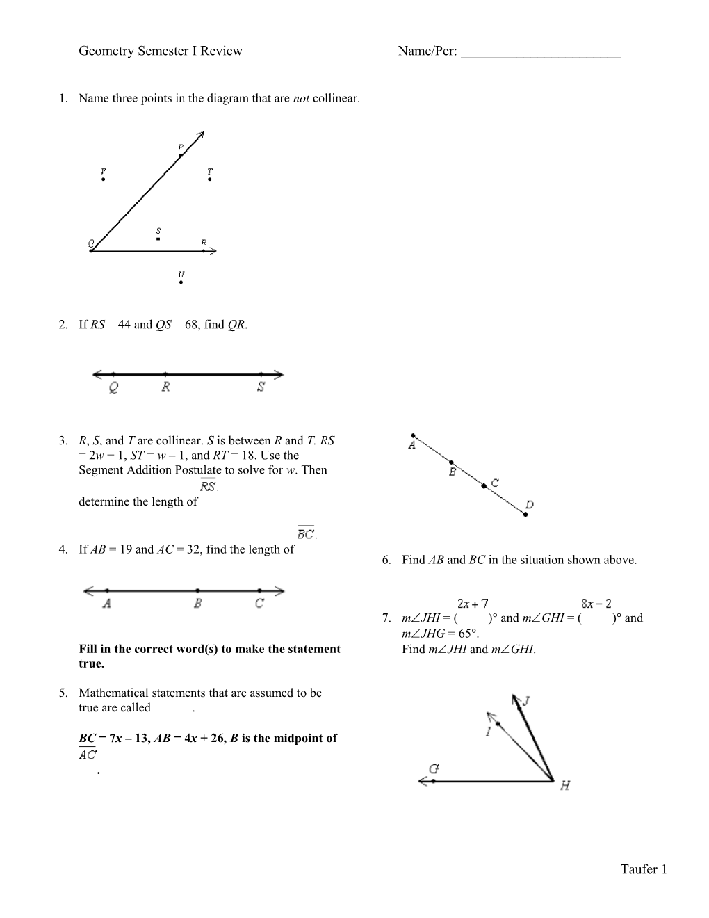 Geometry Semester I Review Name/Per: ______