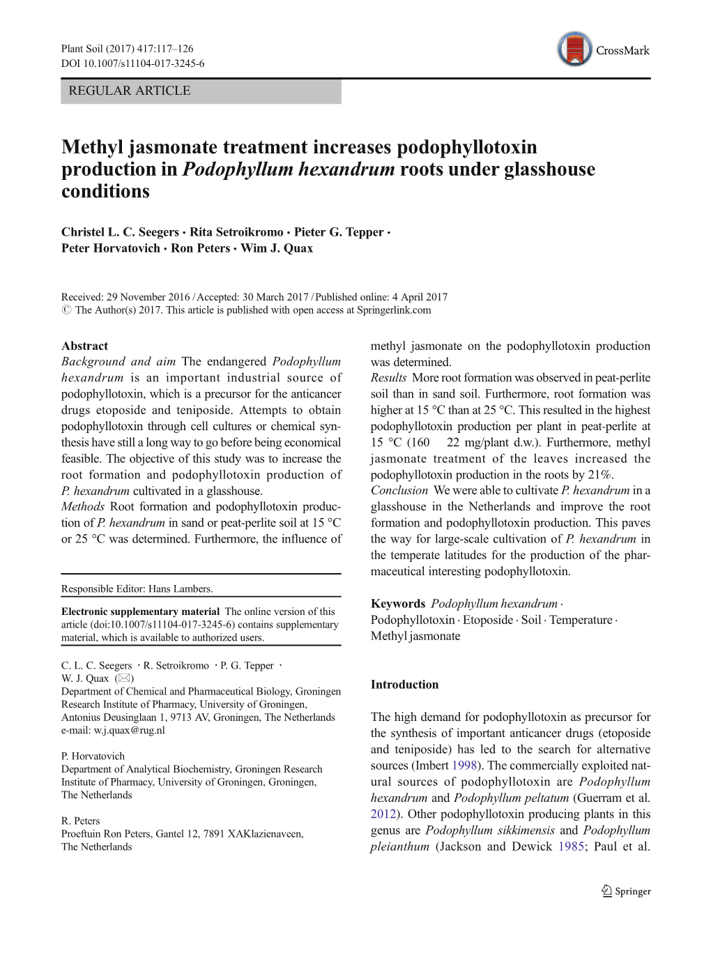 Methyl Jasmonate Treatment Increases Podophyllotoxin Production in Podophyllum Hexandrum Roots Under Glasshouse Conditions