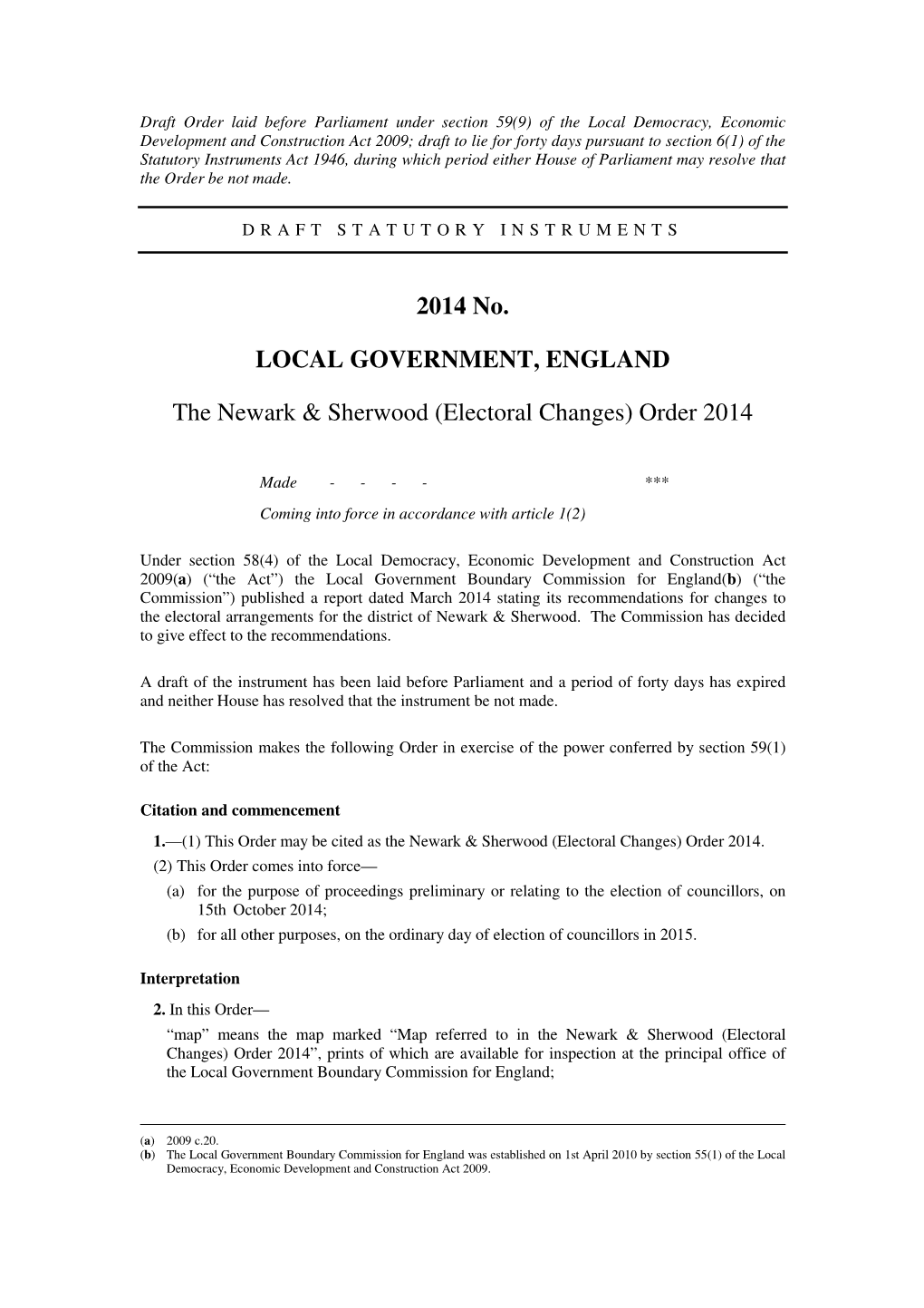 The Newark & Sherwood (Electoral Changes) Order 2014