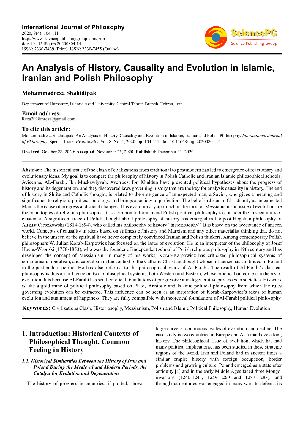 An Analysis of History, Causality and Evolution in Islamic, Iranian and Polish Philosophy