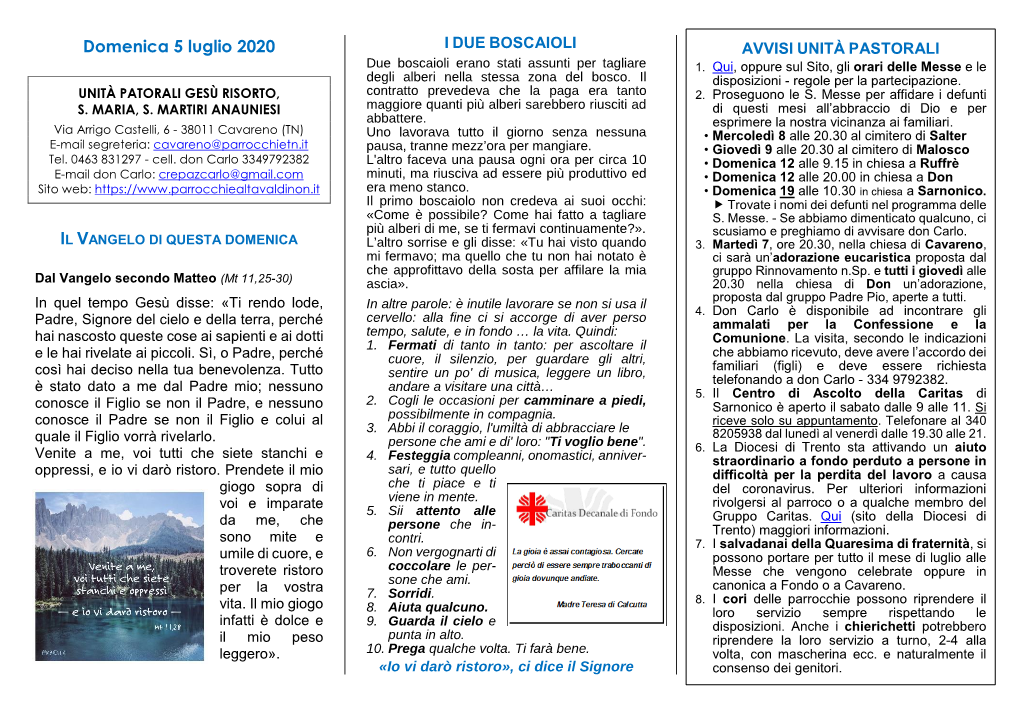 Domenica 5 Luglio 2020 AVVISI UNITÀ PASTORALI