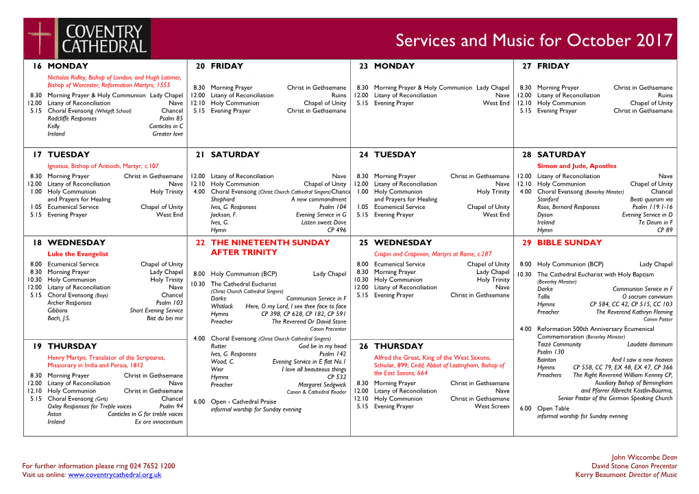 Services and Music for October 2017