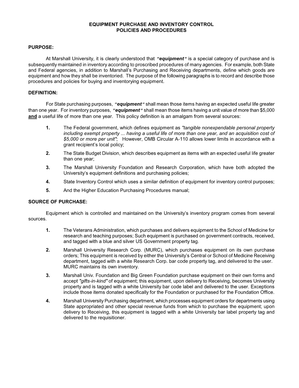 Equipment Purchase and Inventory Control Policies and Procedures