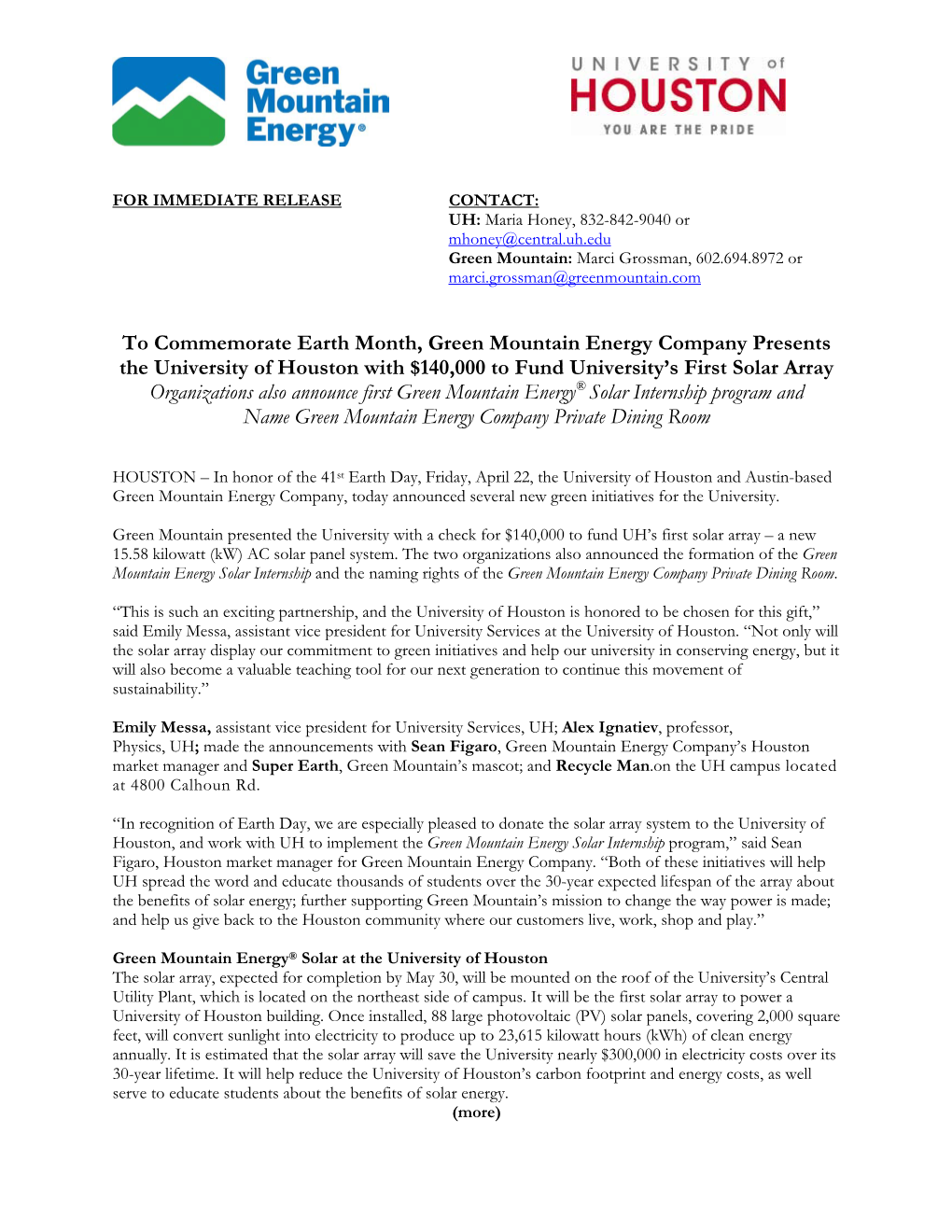 To Commemorate Earth Month, Green Mountain Energy Presents UH With