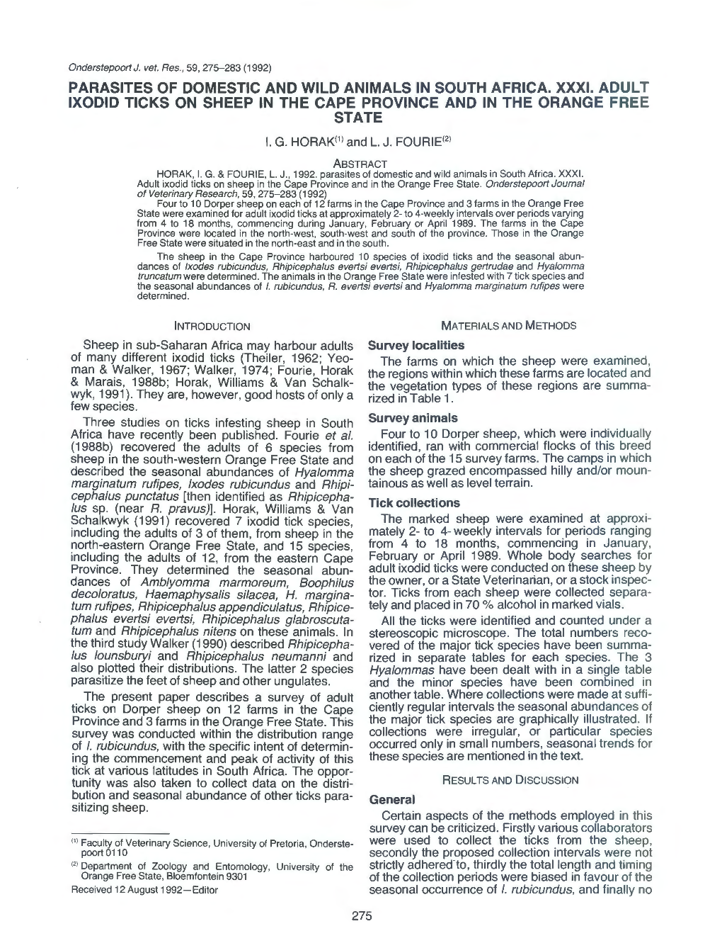 Parasites of Domestic and Wild Animals in South Africa. Xxxi. Adult Ixodid Ticks on Sheep in the Cape Province and in the Orange Free State I
