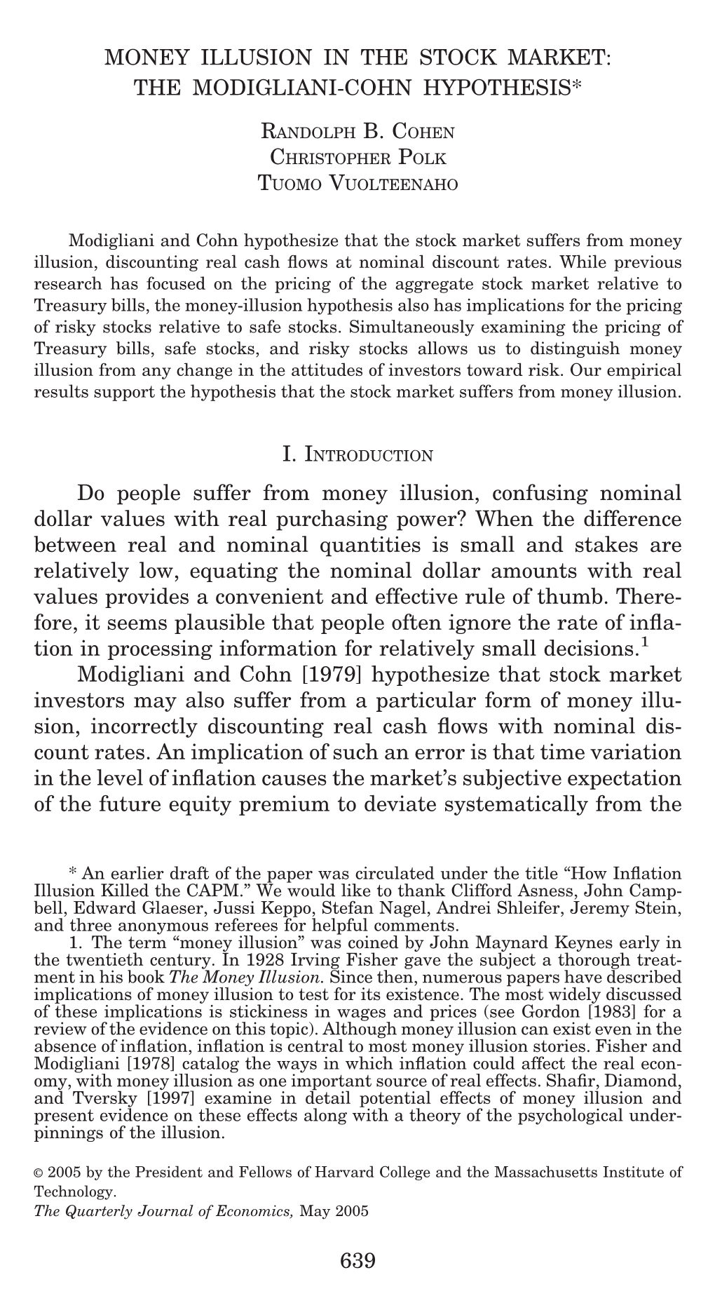 Money Illusion in the Stock Market: the Modigliani-Cohn Hypothesis*