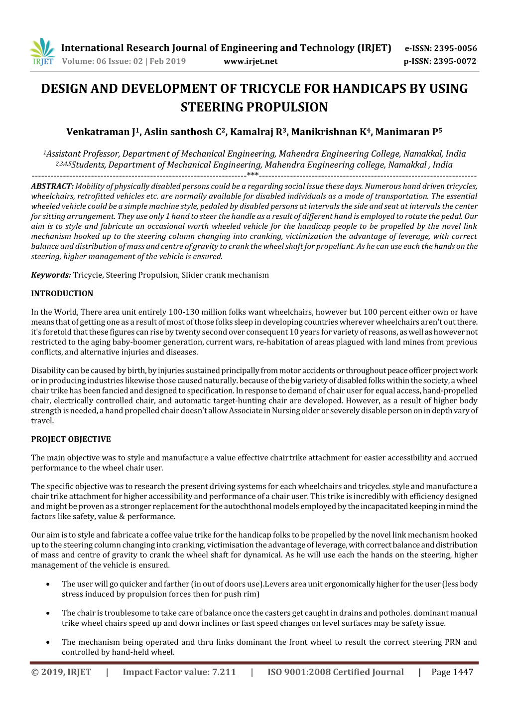 Design and Development of Tricycle for Handicaps by Using Steering Propulsion