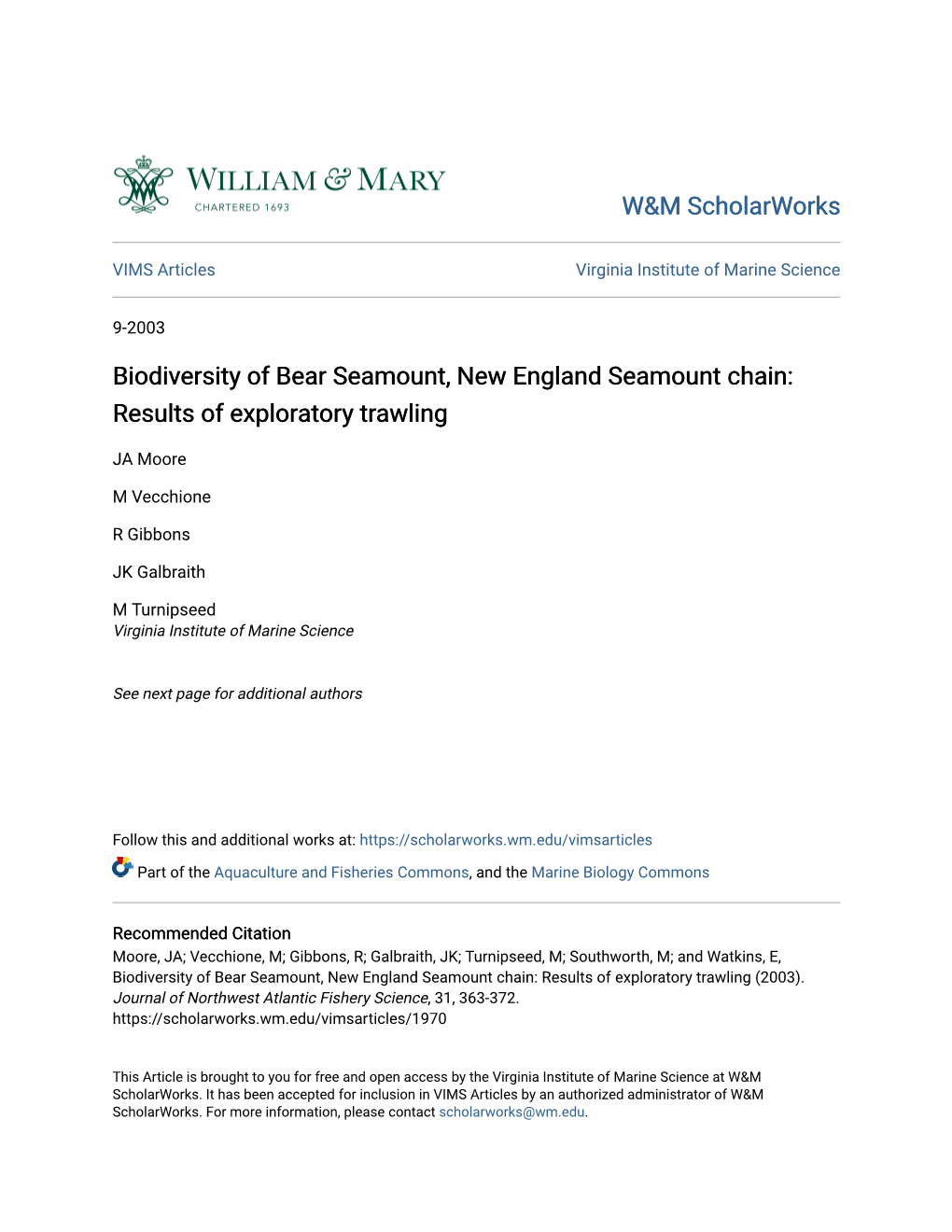 Biodiversity of Bear Seamount, New England Seamount Chain: Results of Exploratory Trawling