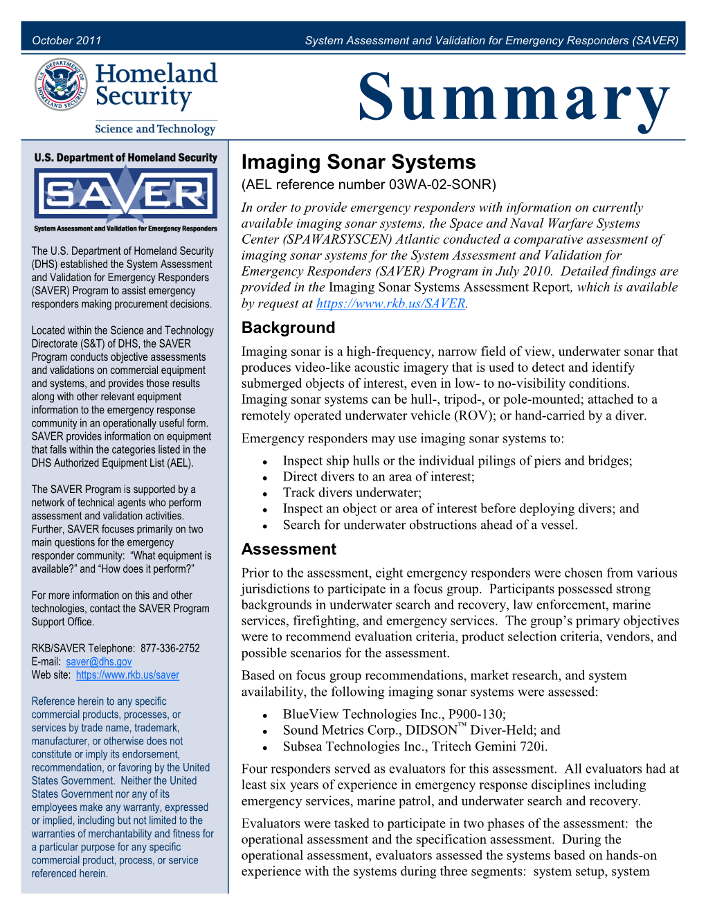 Imaging Sonar Systems -- Assessment Summary