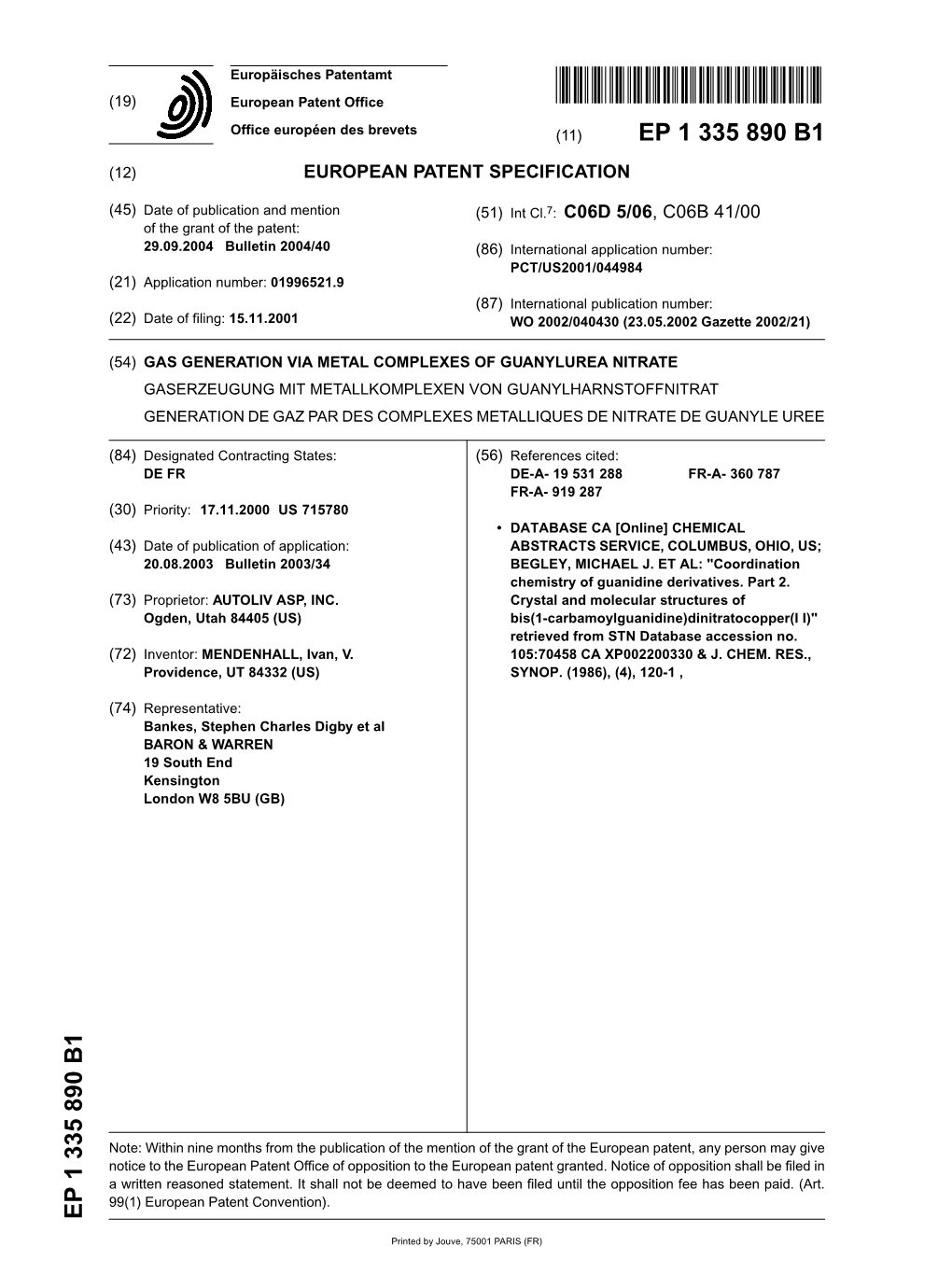 Gas Generation Via Metal Complexes of Guanylurea Nitrate