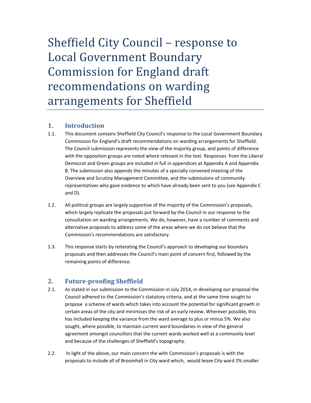 Sheffield City Council’S Response to the Local Government Boundary Commission for England’S Draft Recommendations on Warding Arrangements for Sheffield