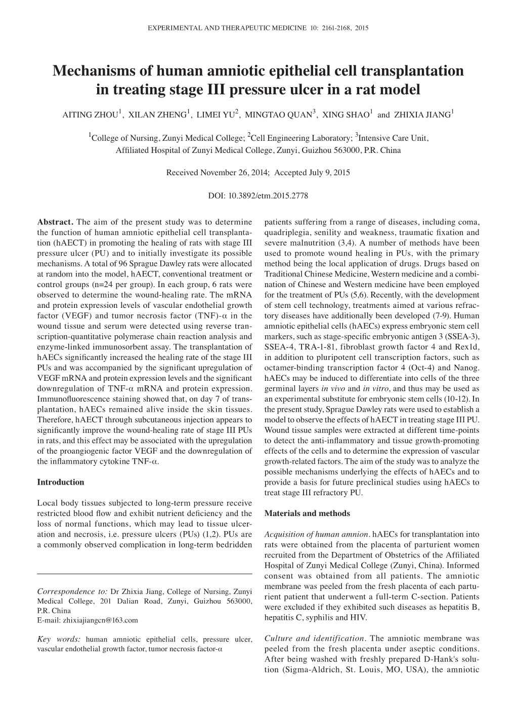 Mechanisms of Human Amniotic Epithelial Cell Transplantation in Treating Stage III Pressure Ulcer in a Rat Model