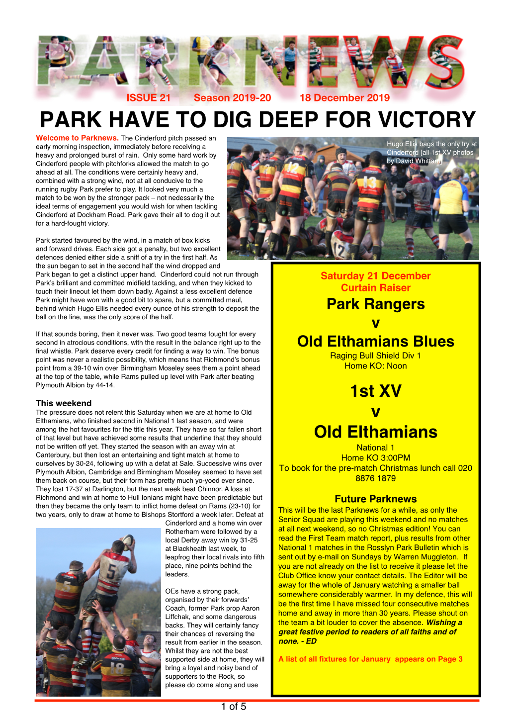 PARK HAVE to DIG DEEP for VICTORY Welcome to Parknews