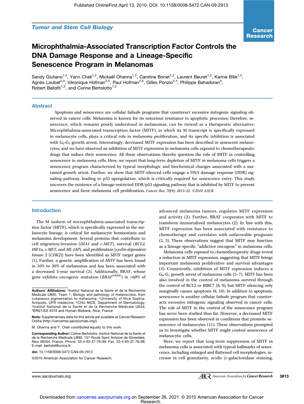 Microphthalmia-Associated Transcription Factor Controls the DNA Damage Response and a Lineage-Specific Senescence Program in Melanomas