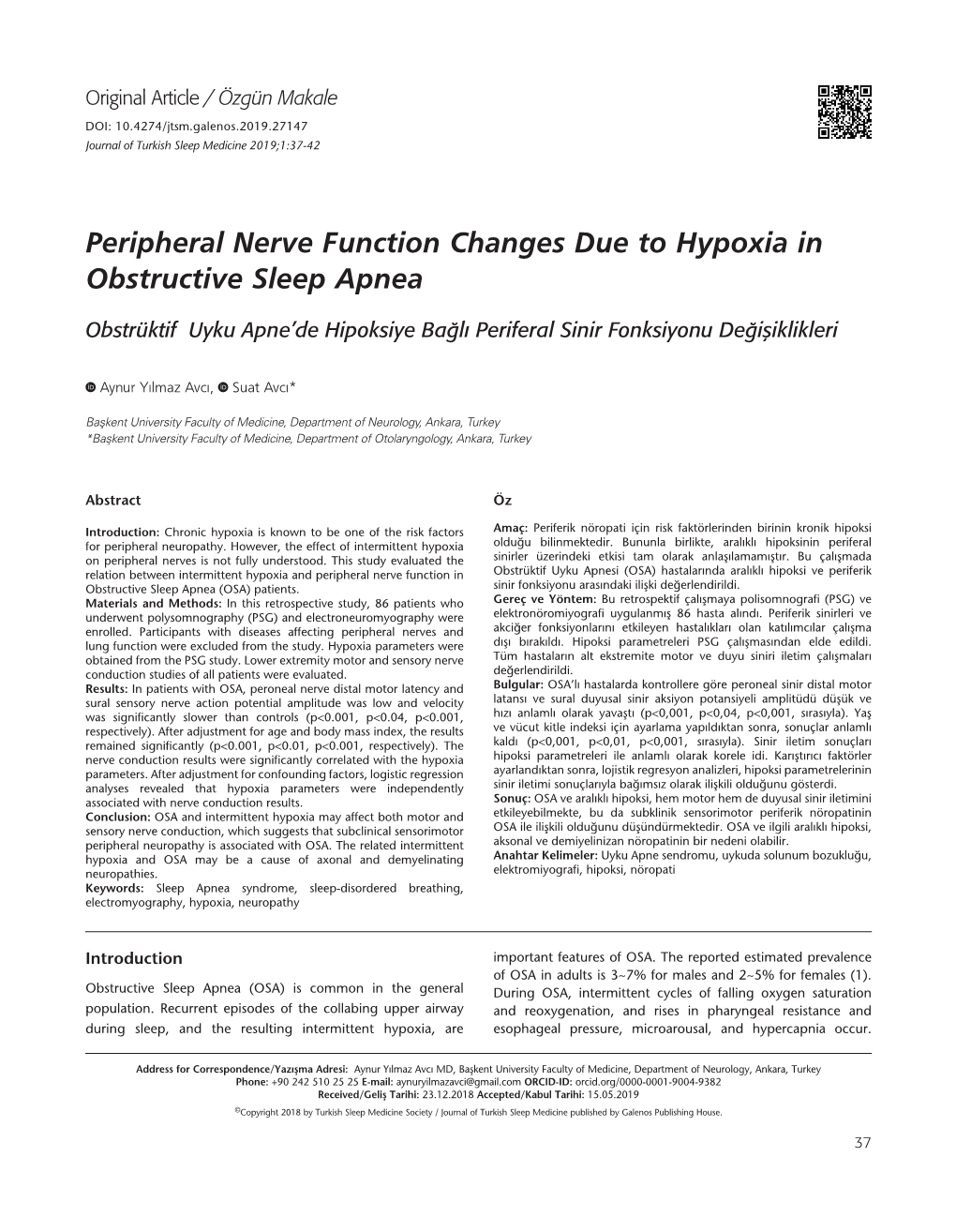Peripheral Nerve Function Changes Due to Hypoxia in Obstructive Sleep Apnea