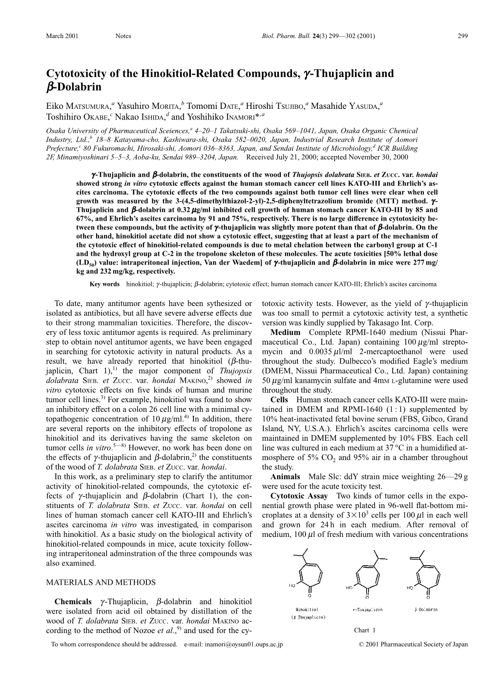 Cytotoxicity of the Hinokitiol-Related Compounds, G-Thujaplicin and B-Dolabrin