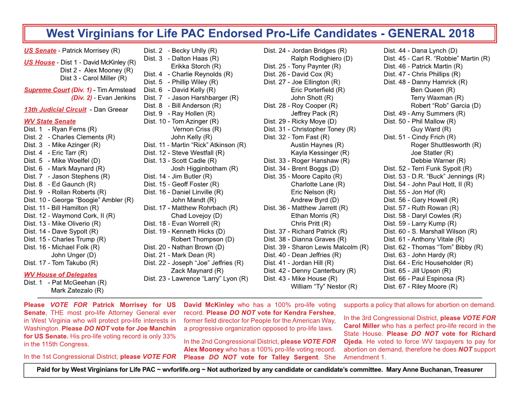 West Virginians for Life PAC Endorsed Pro-Life Candidates - GENERAL 2018