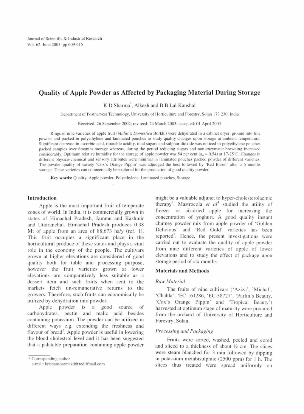 Quality of Apple Powder As Affected by Packaging Material During Storage