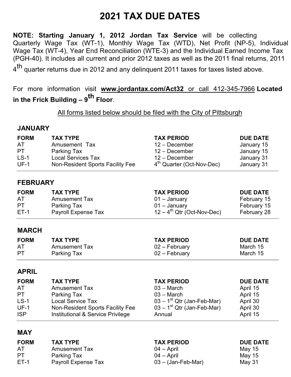 2021 Tax Due Dates