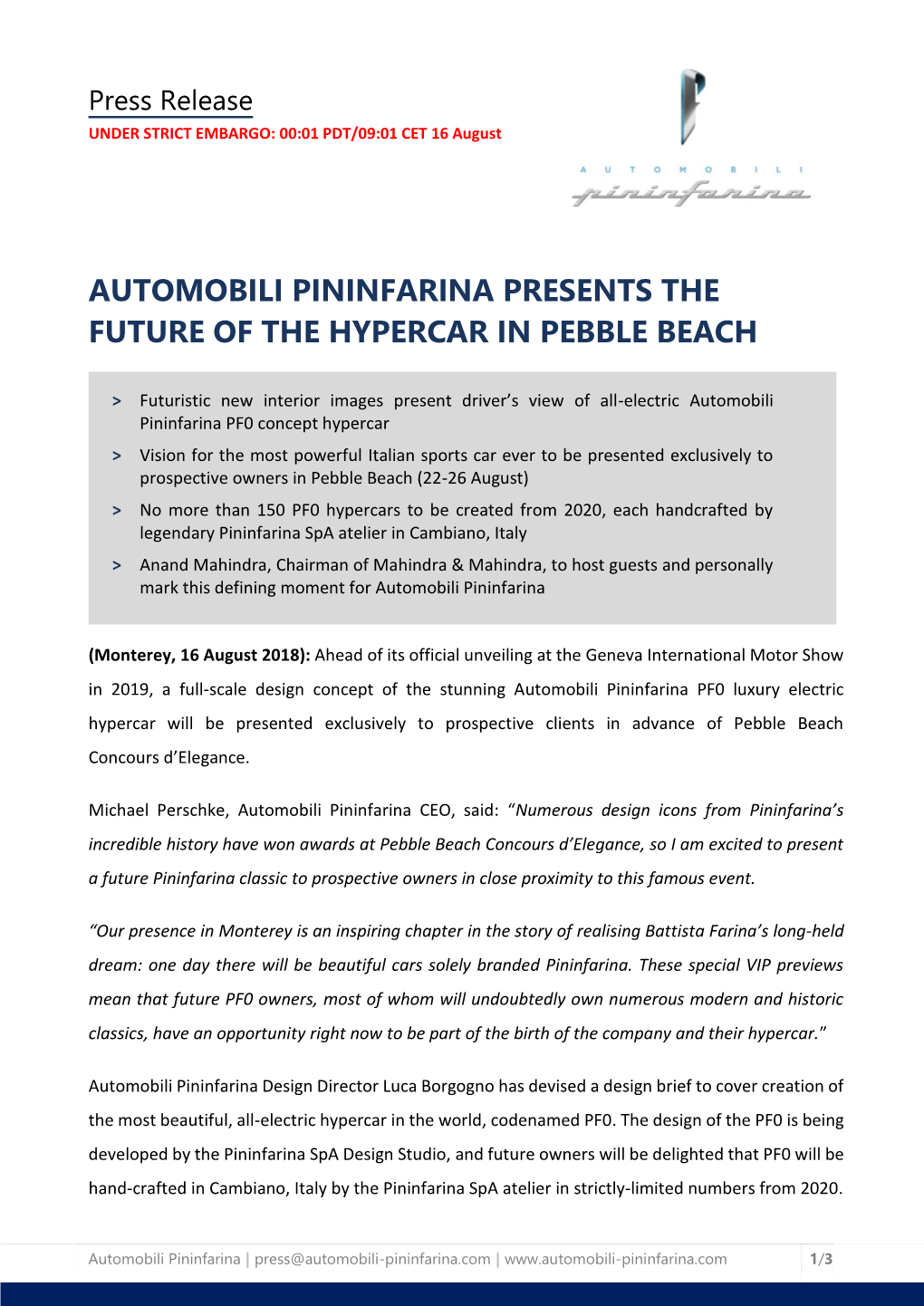 Automobili Pininfarina Presents the Future of the Hypercar in Pebble Beach