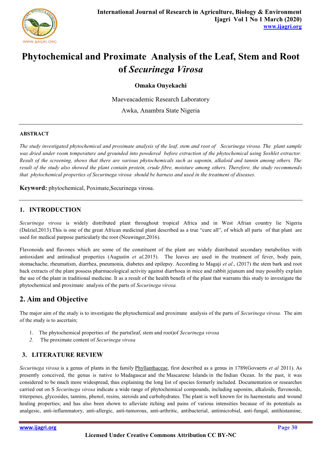 Phytochemical and Proximate Analysis of the Leaf, Stem and Root of Securinega Virosa