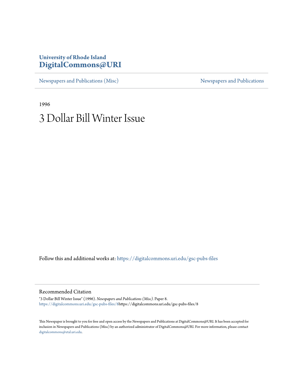 3 Dollar Bill Winter Issue