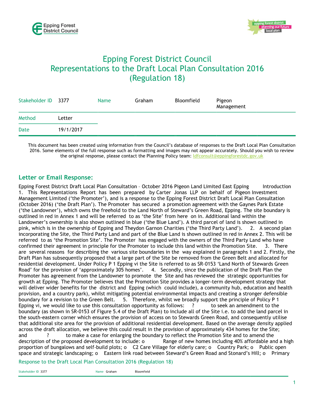 Epping Forest District Council Representations to the Draft Local Plan Consultation 2016 (Regulation 18)