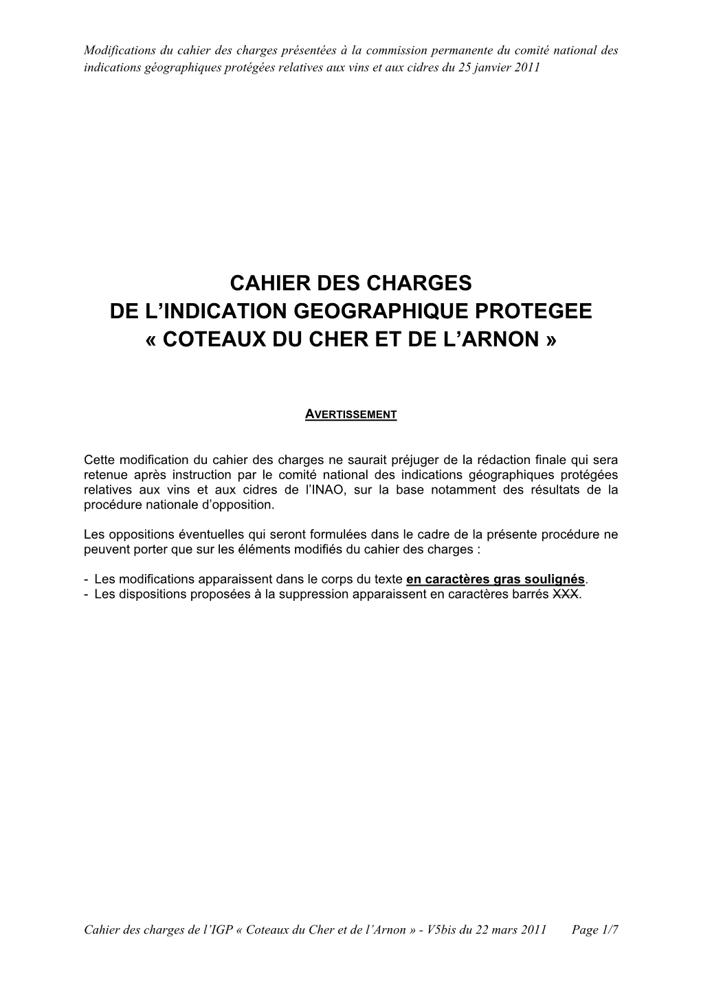 Cahier Des Charges De L'indication Geographique Protegee « Coteaux Du Cher Et De L'arnon
