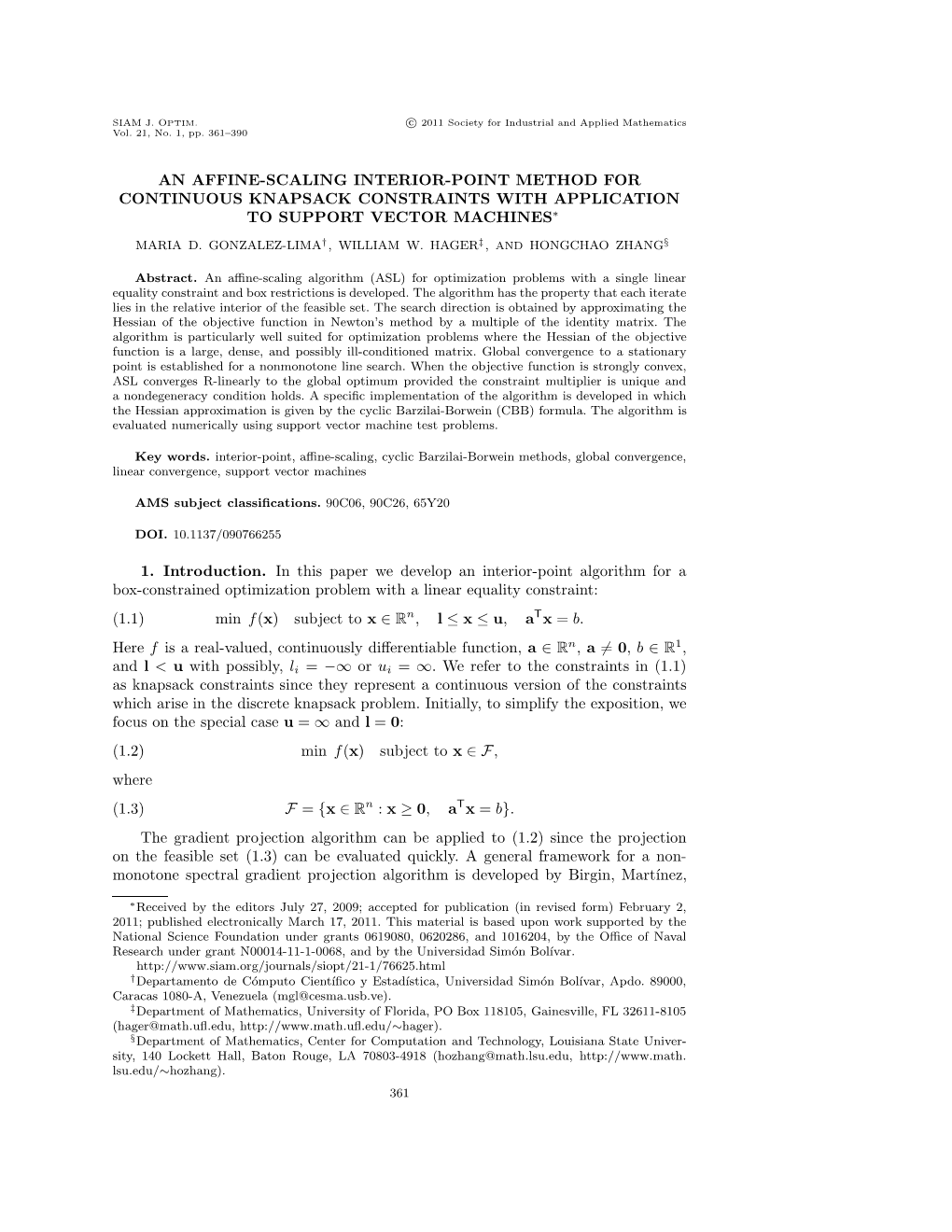 An Affine-Scaling Interior-Point Method for Continuous Knapsack Constraints with Application to Support Vector Machines∗