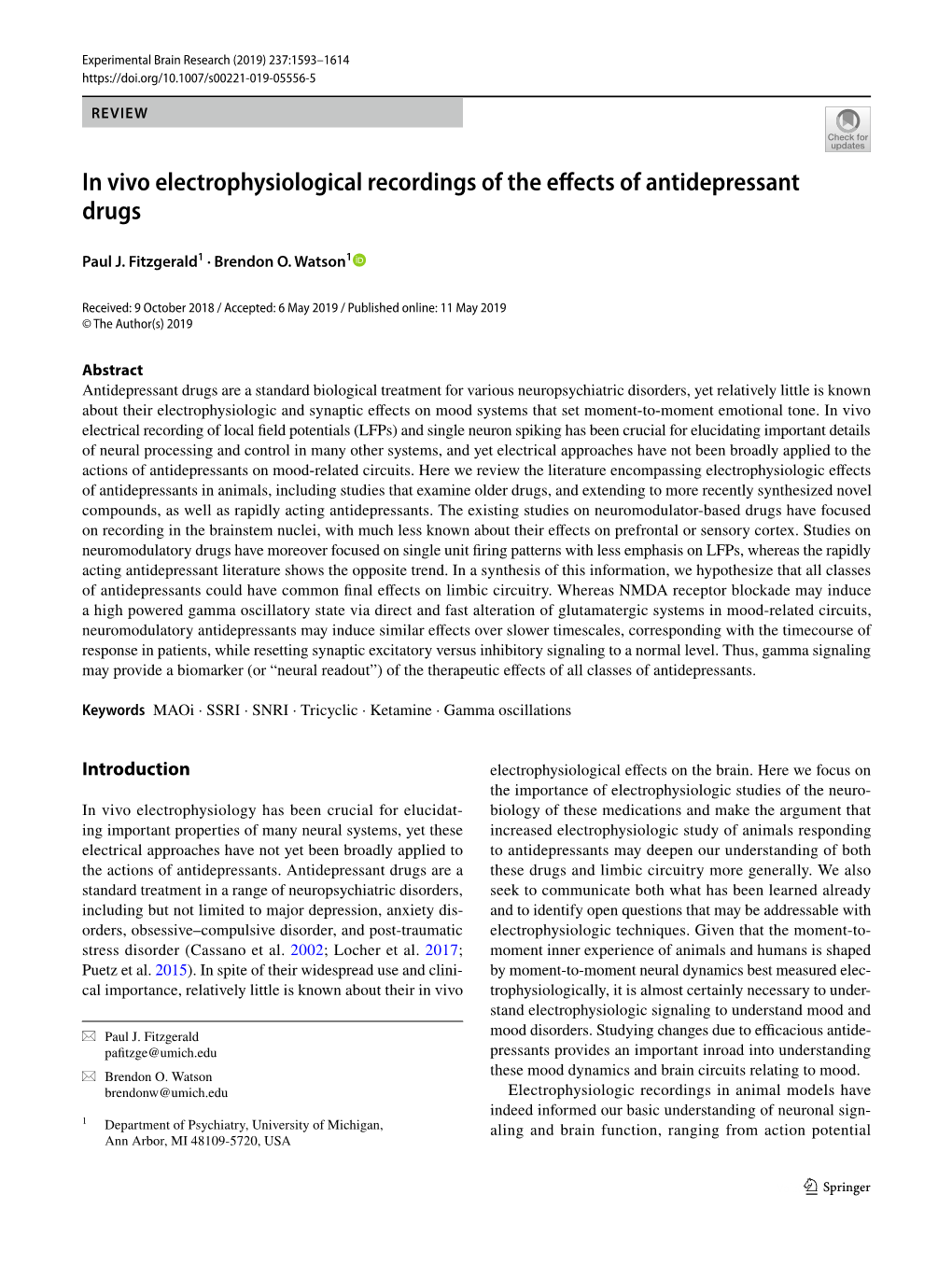 In Vivo Electrophysiological Recordings of the Effects of Antidepressant Drugs