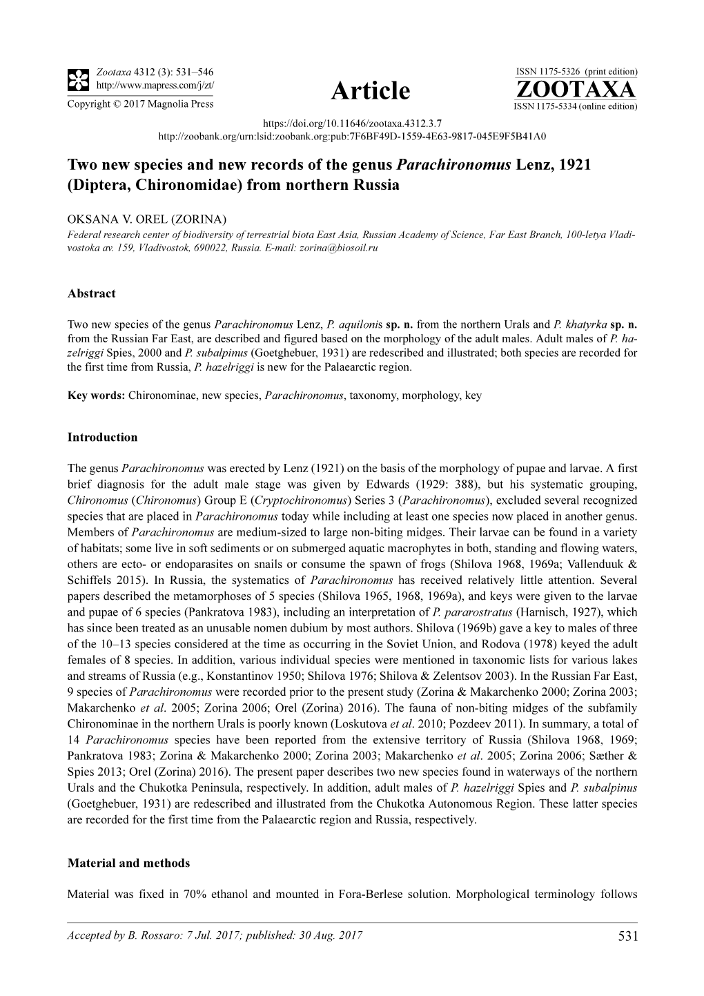 Two New Species and New Records of the Genus Parachironomus Lenz, 1921 (Diptera, Chironomidae) from Northern Russia