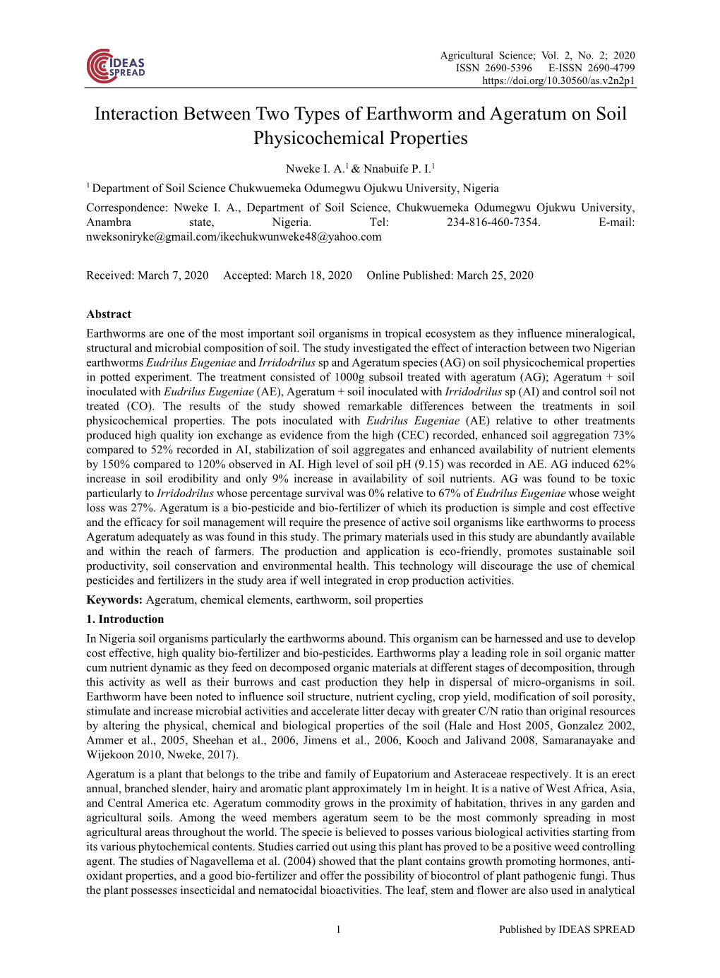 Interaction Between Two Types of Earthworm and Ageratum on Soil Physicochemical Properties