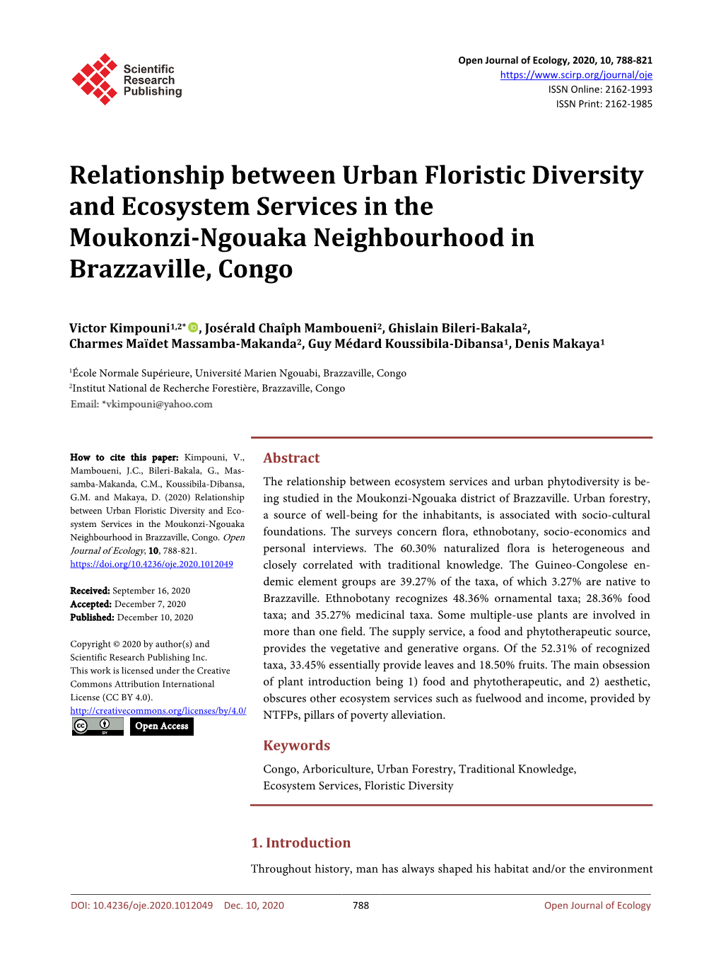 The Relationship Between Ecosystem Services and Urban Phytodiversity Is Be- G.M