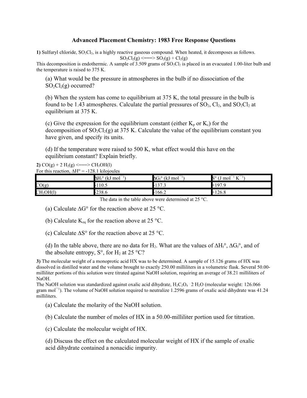 Advanced Placement Chemistry: 1983 Free Response Questions