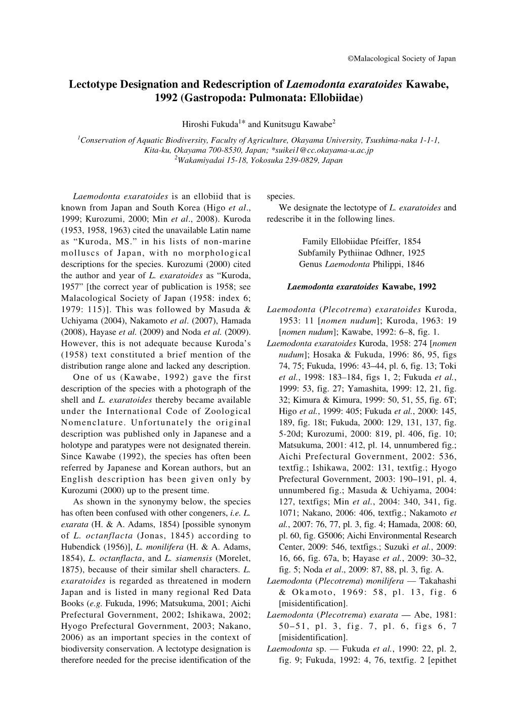 Lectotype Designation and Redescription of Laemodonta Exaratoides Kawabe, 1992 (Gastropoda: Pulmonata: Ellobiidae)