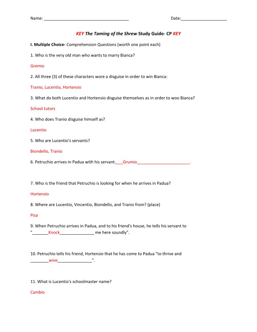 KEY the Taming of the Shrew Study Guide- CP KEY