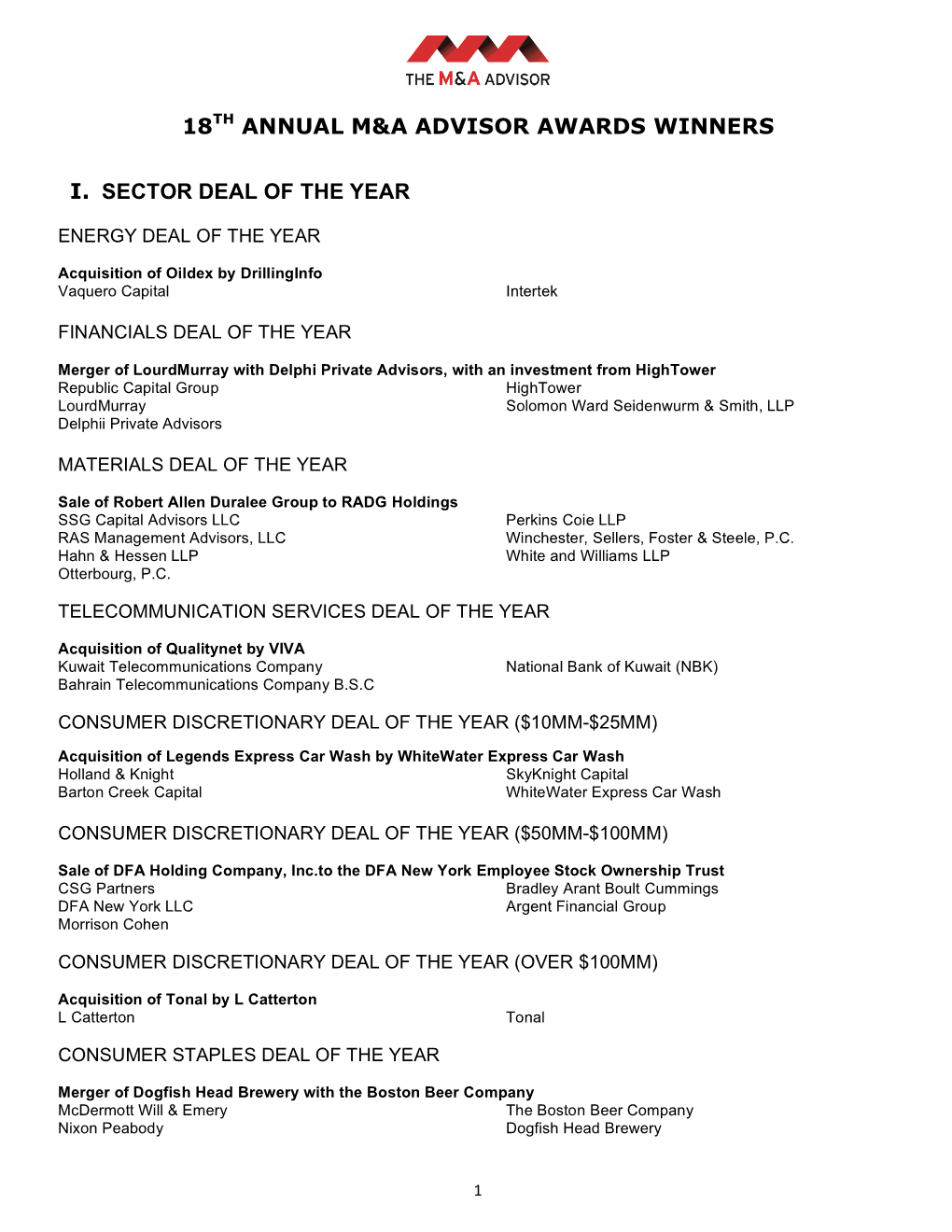 18Th Annual M&A Advisor Awards Winners I. Sector