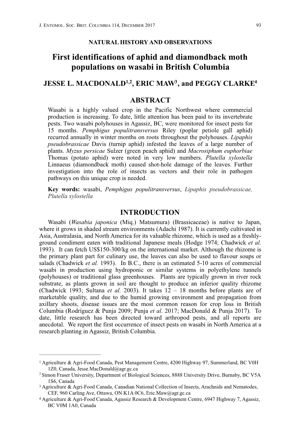 First Identifications of Aphid and Diamondback Moth Populations on Wasabi in British Columbia