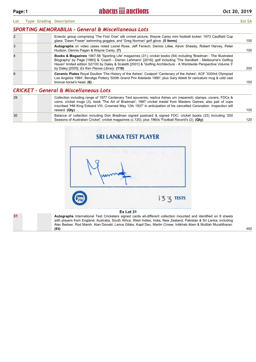 Xref Cricket Catalogue for Auction